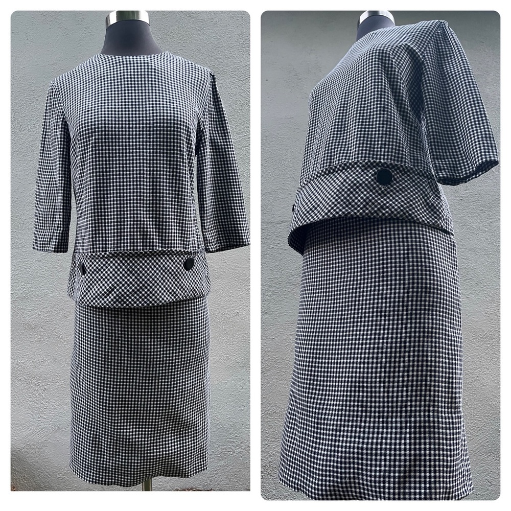 Vintage 60s Nelly Don Houndstooth Black & White Checkered Skirt Suit